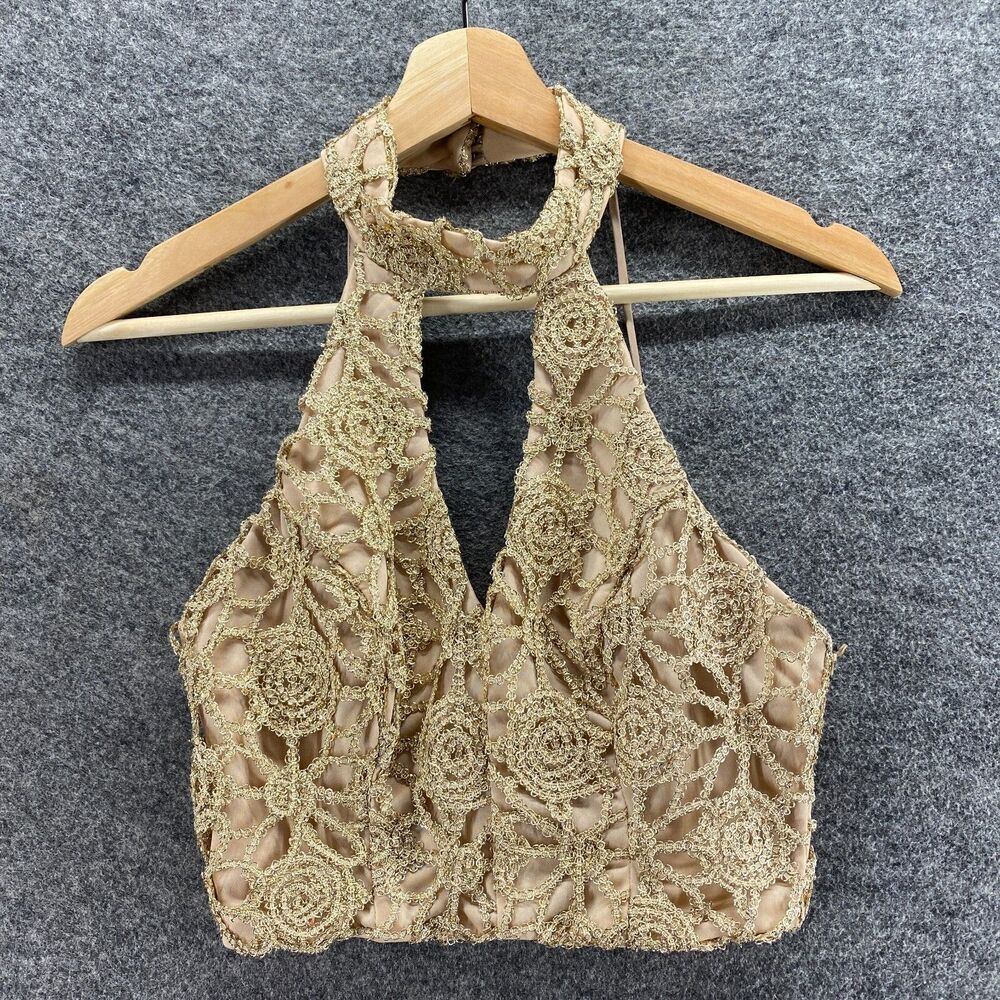 B. Darlin Cropped Top Women 1/2 Beige Floral Rhinestone Lined Zipper Halter Neck